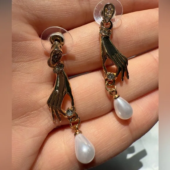 Anthropologie Gold Hand Pearl Drop Earrings - Picture 7 of 7